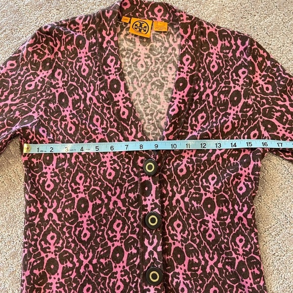 Tory Burch Merino Wool Cardigan Sweater, Pink and Brown Print, Logo Buttons, S - Picture 7 of 15